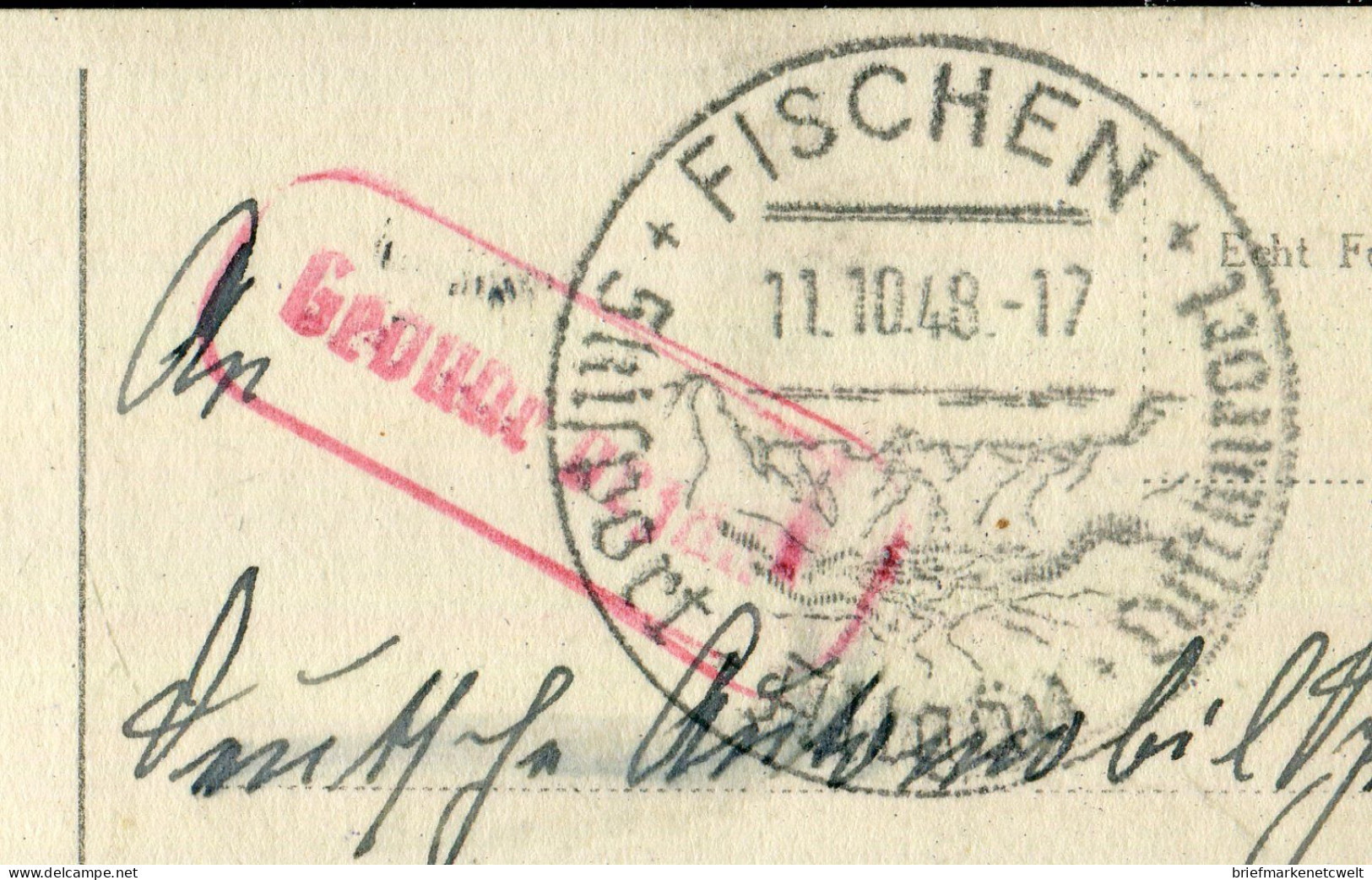 "ALL. BESETZUNG" 1948, AK Mit Rotem R1 "Gebuehr Bezahlt" Und SSt. "FISCHEN" (B1241) - Lettres & Documents