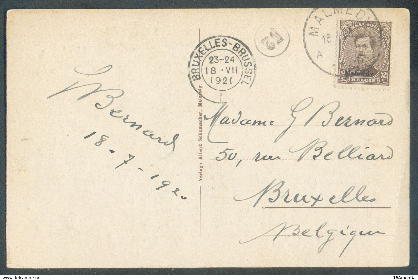 2 Centimes Surch. MALMEDY Obl. Sc MALMEDY 18.7.1921 Sur C.P. Vers Bruxelles.  - 22167 - OC55/105 Eupen & Malmédy