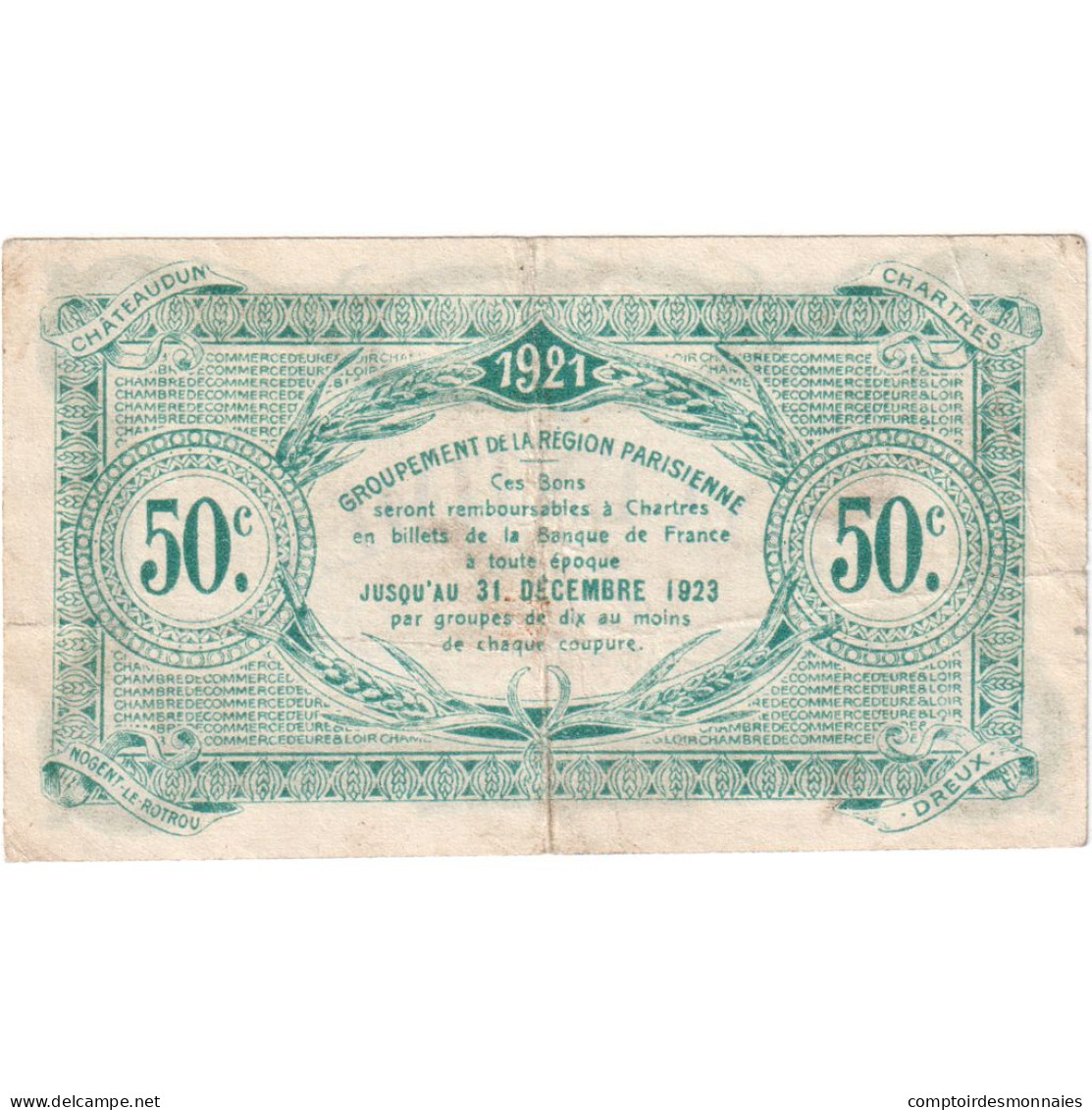 France, Eure Et Loir, 50 Centimes, 1921, TTB, Pirot:45-11 - Camera Di Commercio