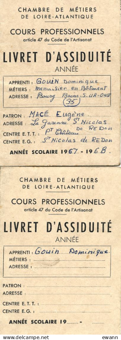 2 Livrets D'assiduité - Chambre De Métiers Loire-Atlantique - 1967-1968 - Diploma & School Reports