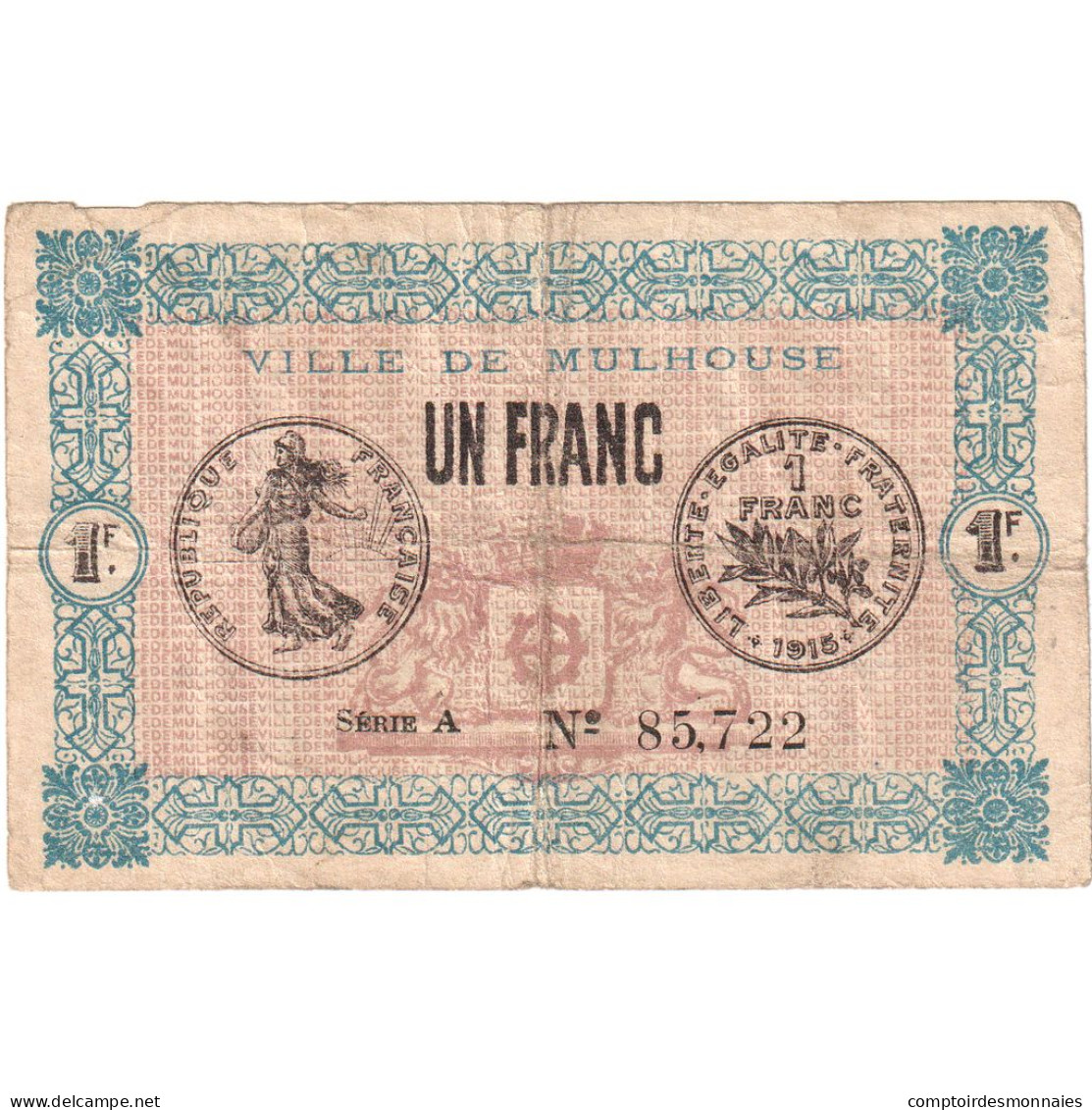 France, Mulhouse, 1 Franc, 1918, B+, Pirot:132-2 - Notgeld