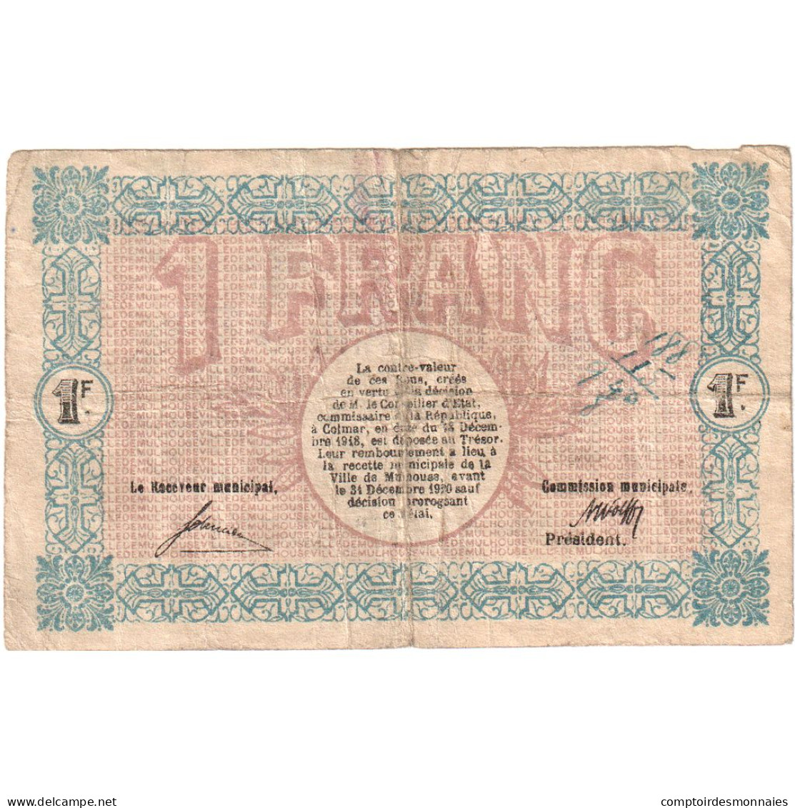 France, Mulhouse, 1 Franc, 1918, B+, Pirot:132-2 - Bonos