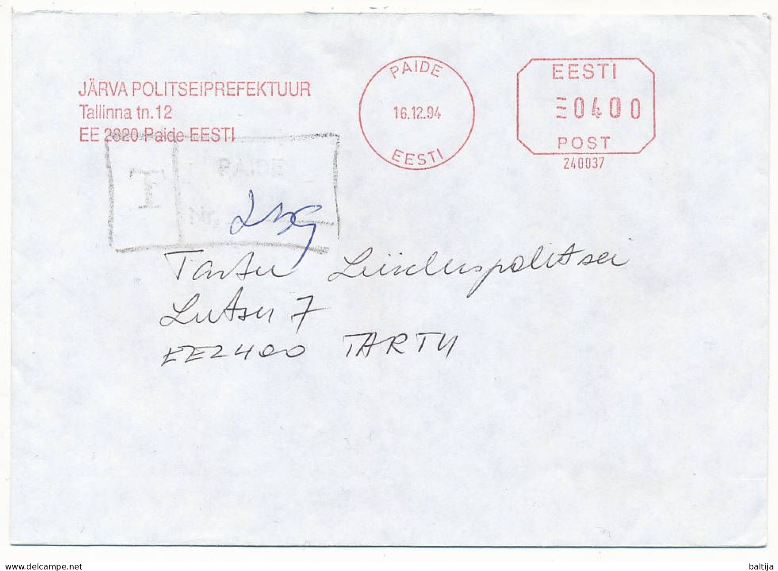 Registered Meter Cover / Pitney Bowes #240037, Police Prefecture - 16 December 1994 Paide - Estland