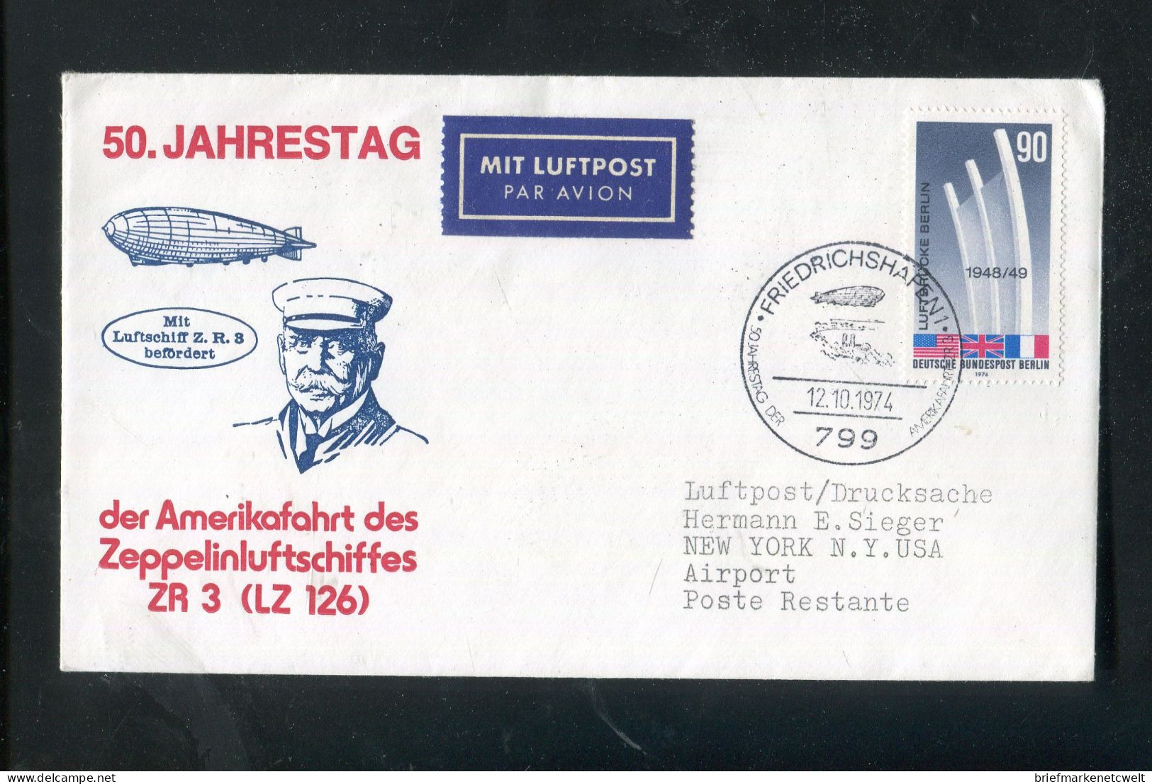 "BUNDESREPUBLIK DEUTSCHLAND" 1974, "Zeppelin"-Jubilaeumsflugbrief Nach New York Mit SSt. "FRIEDRICHSHAFEN" (B1245) - Zeppelines