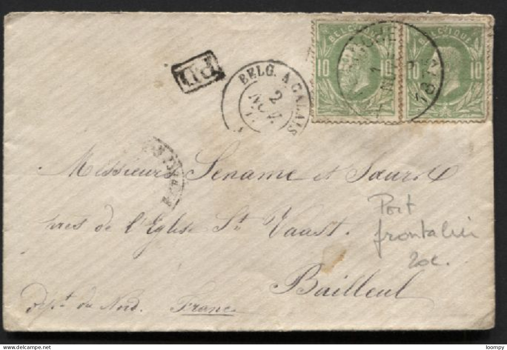 PORT FRONTALIER 20 Centimes Rayon Limitrophe - 30(2) Obl. POPERINGHE S/L Bailleul 1875 + FRANCE PAR MOUSCRON Centre Vide - 1869-1883 Leopoldo II