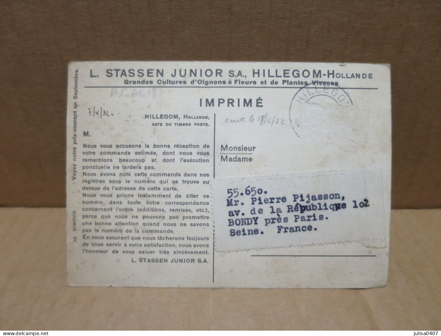 HILLEGOM (Pays Bas) Carte Publicitaire Cultures Fleurs Stassen Junior - Other & Unclassified