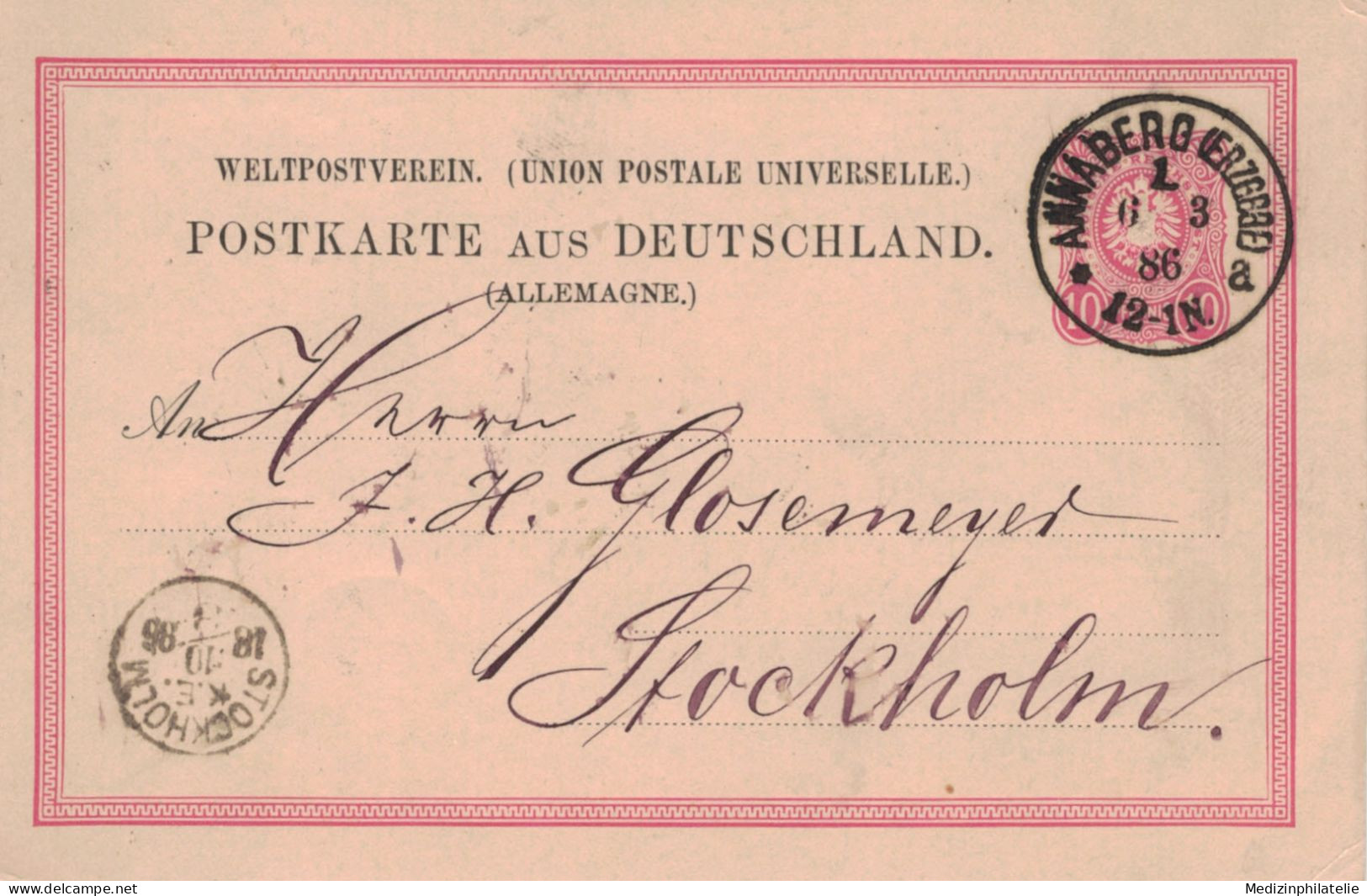 Ganzsache 10 Pfennig - Annaberg Erzgebirge 1886 > Glosemeyer Stockholm - Fingerhutstempel 18mm - Postcards