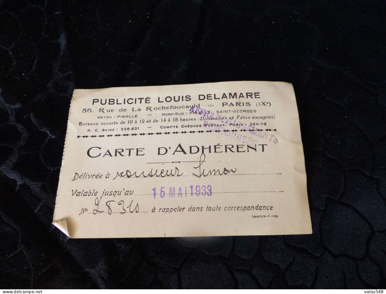 VP-61 , Carte D'adhérent Publicité Louis Delamare, Rue De La Rochefoucauld, Paris, 1933 - Tarjetas De Membresía