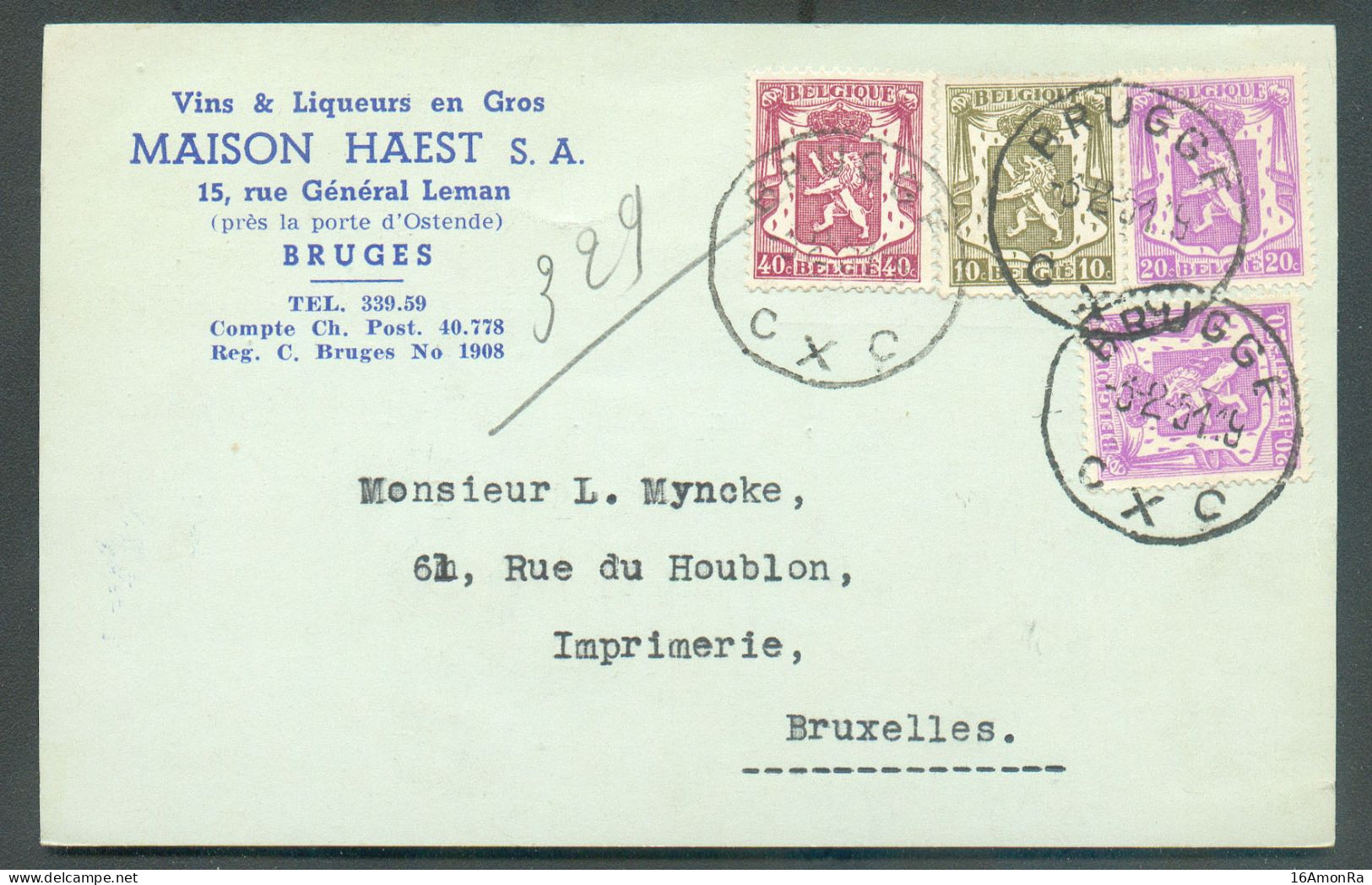 10c. + 20c. (x2) + 40c. Petit Sceau De L'Etat Obl. Sc BRUGGE C X C Sur Carte (VINS Et LIQUEURS HAEST) Du 3-2-1951 Vers B - 1935-1949 Small Seal Of The State