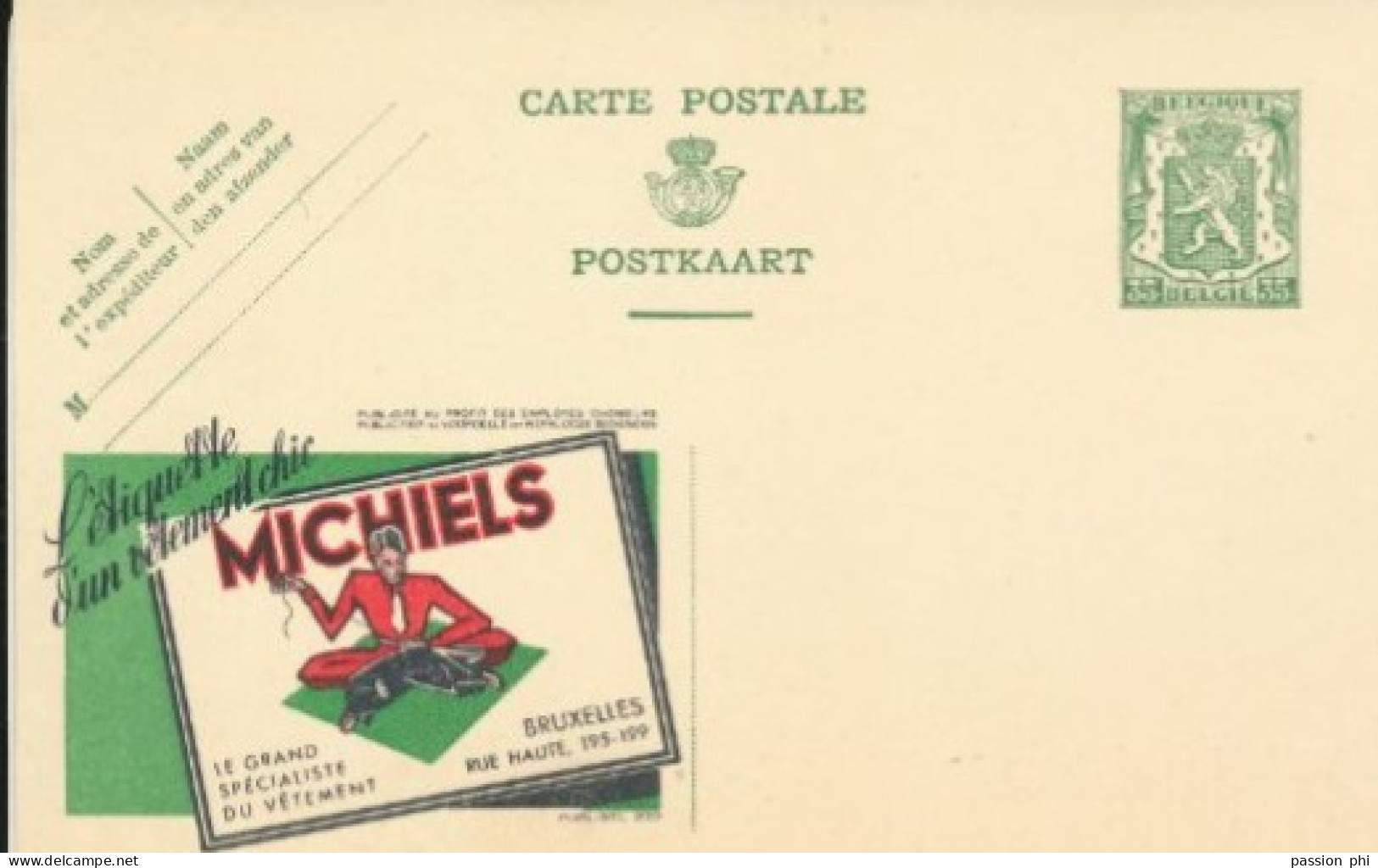 BELGIUM PPS 35C GREEN "SCEAU D'ETAT" SBEP 6 PUBLIBEL 233 MICHIELS VETEMENTS  UNUSED - Werbepostkarten