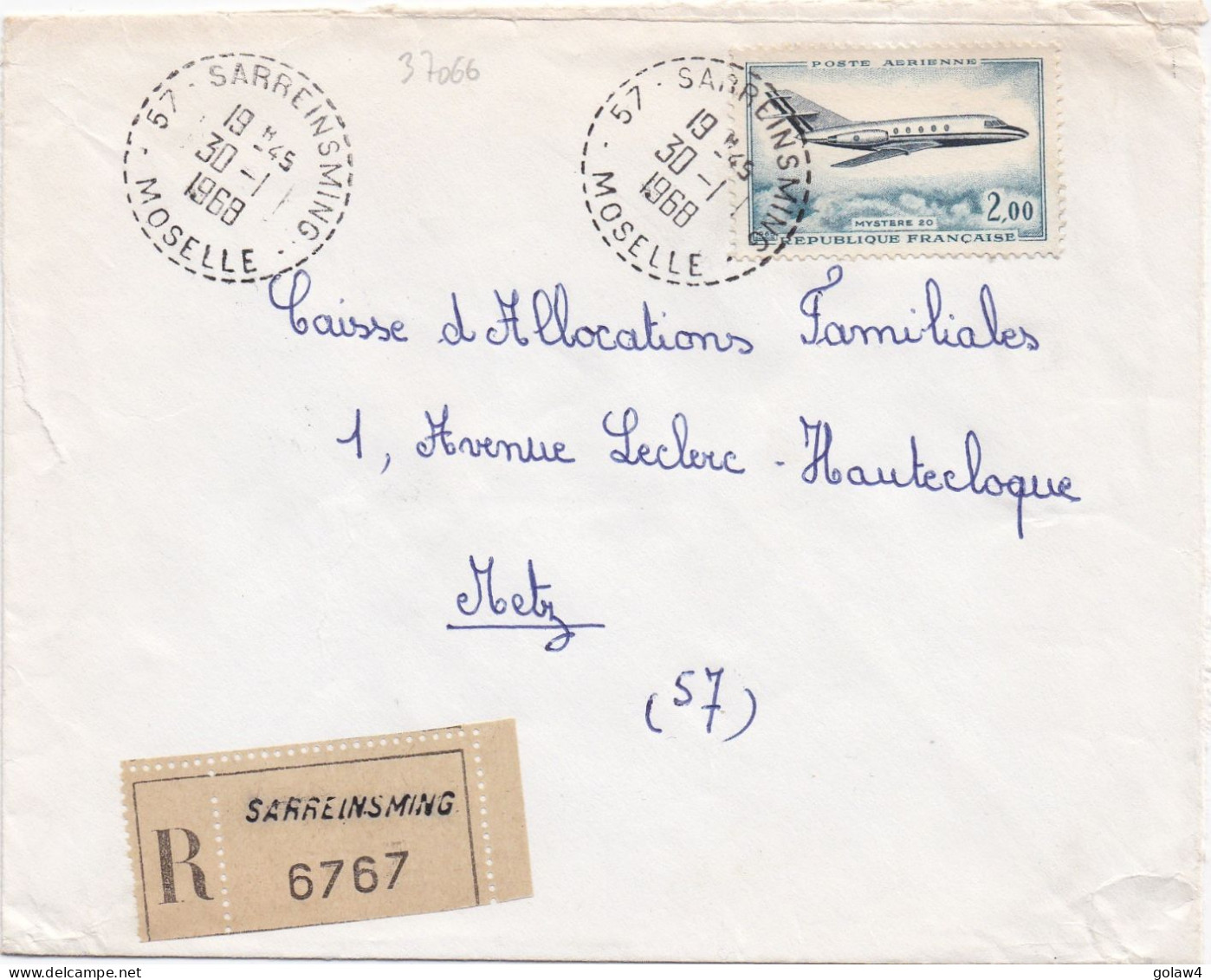 37066# LETTRE FRANCHISE PARTIELLE RECOMMANDE Obl SARREINSMING MOSELLE 1968 Pour METZ 57 - Covers & Documents