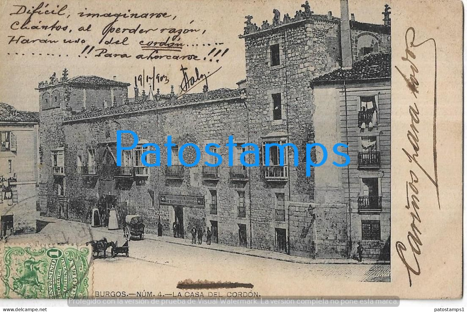 228671 SPAIN ESPAÑA BURGOS LA CASA DEL CORDON CIRCULATED TO URUGUAY POSTAL  POSTCARD - Andere & Zonder Classificatie