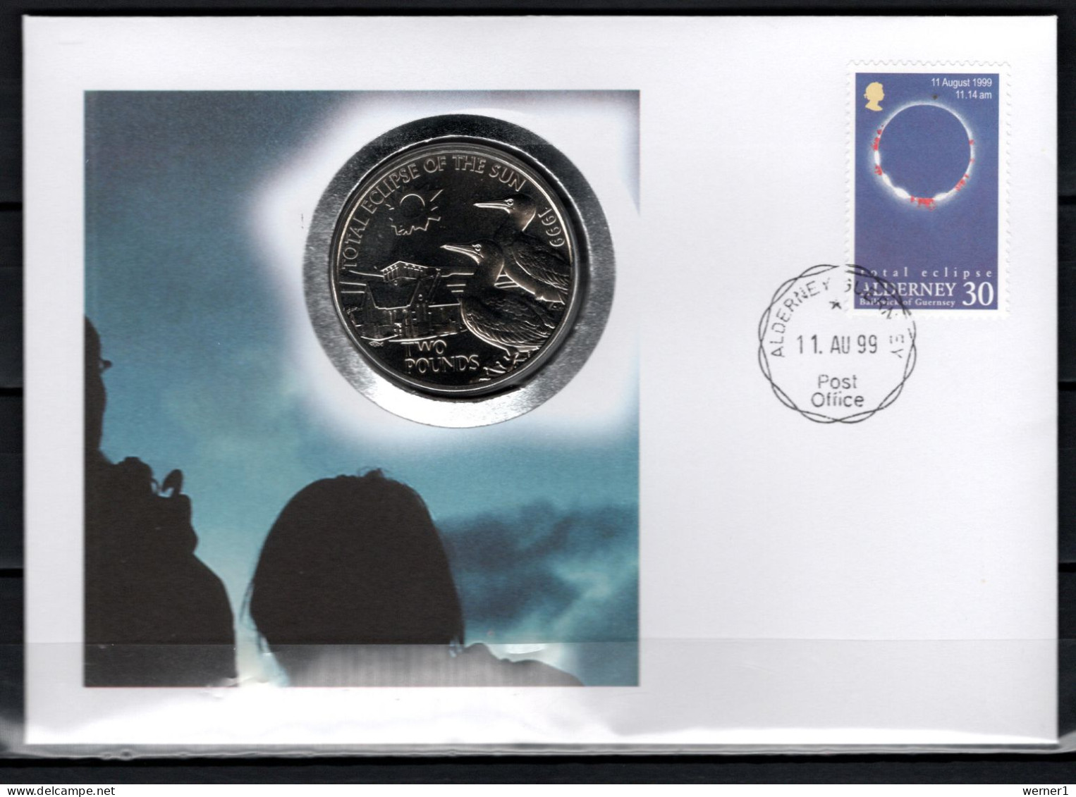 Alderney 1999 Space, Total Eclipse Numismatic Cover With 2 Pound Alderney Coin - Europe