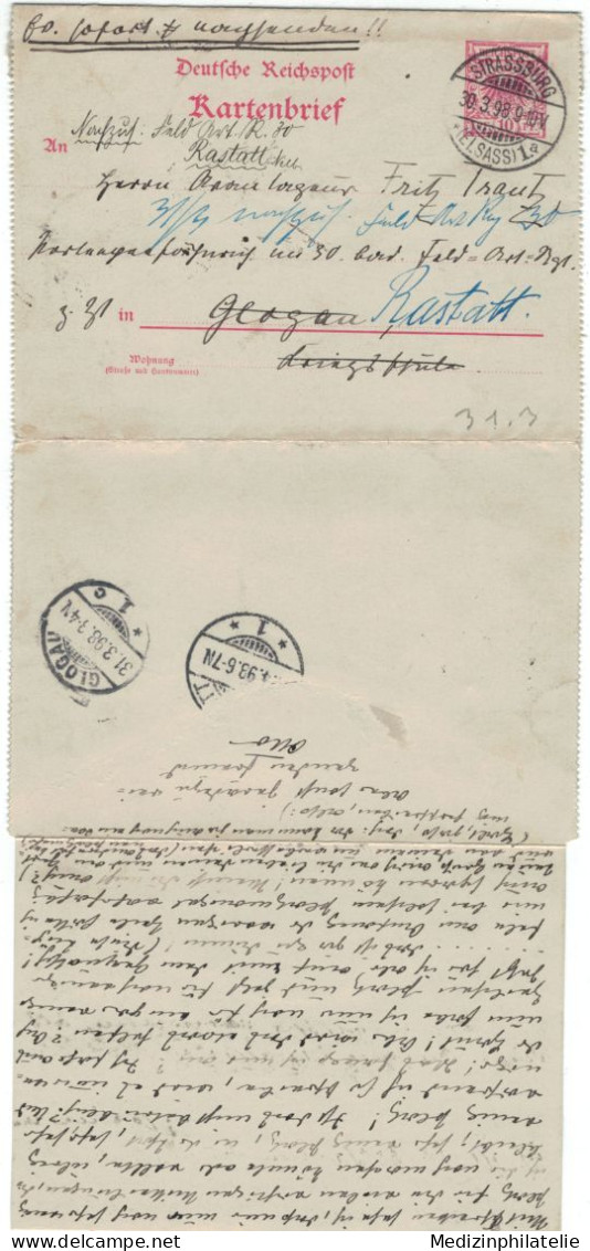 Ganzsache Kartenbrief 10 Pfennig - Strassburg Elsass 1898 > Glogau Niederschlesien > Rastatt - Briefkaarten