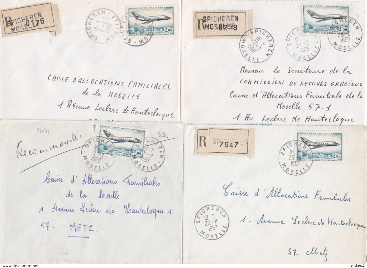 37071# LOT 4 LETTRES FRANCHISE PARTIELLE RECOMMANDE Obl SPICHEREN MOSELLE 1967 1968 Pour METZ 57 - Covers & Documents