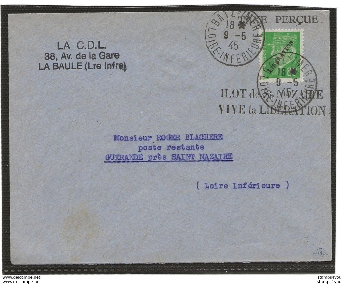 150 - 76 - Superbe Enveloppe Avec Timbre Libération - Ilot De St Nazaire Vive La Libération 19.5.1945 - Guerre Mondiale (Seconde)
