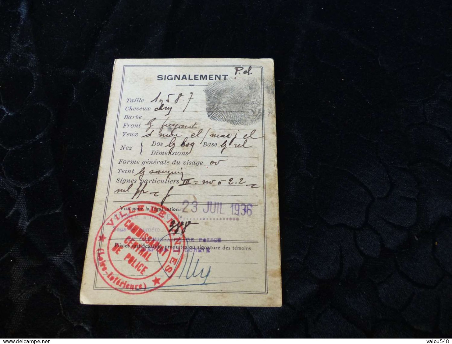 VP-66 , Carte D'identité Datant Du 23 Juillet 1936 , Ville De Nantes - Documents Historiques