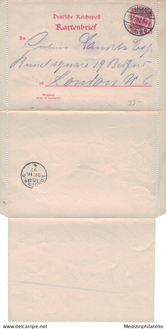 Ganzsache Kartenbrief 10 Pfennig - Strassburg Elsass 1897 > London - Briefkaarten