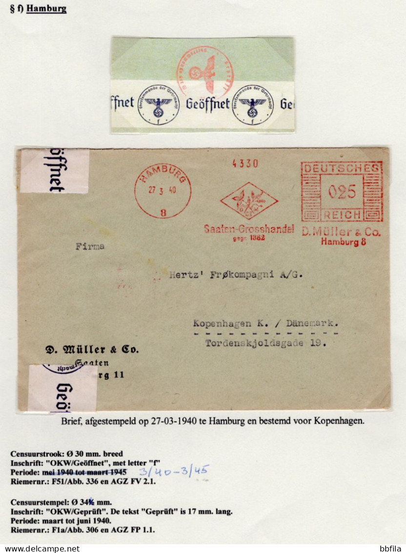 GERMANY Cover 1940 Hamburg With Red Meter Müller Seeds To Kopenhagen, Denmark With Censor Hamburg - Lettres & Documents