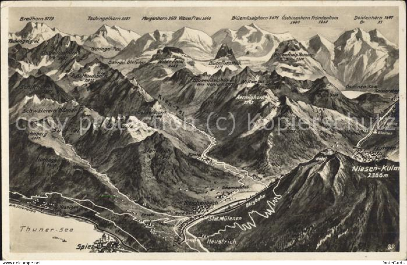 11496942 Spiez BE Gebietskarte Thunersee Niesen Kulm Panorama Berner Alpen Vogel - Andere & Zonder Classificatie