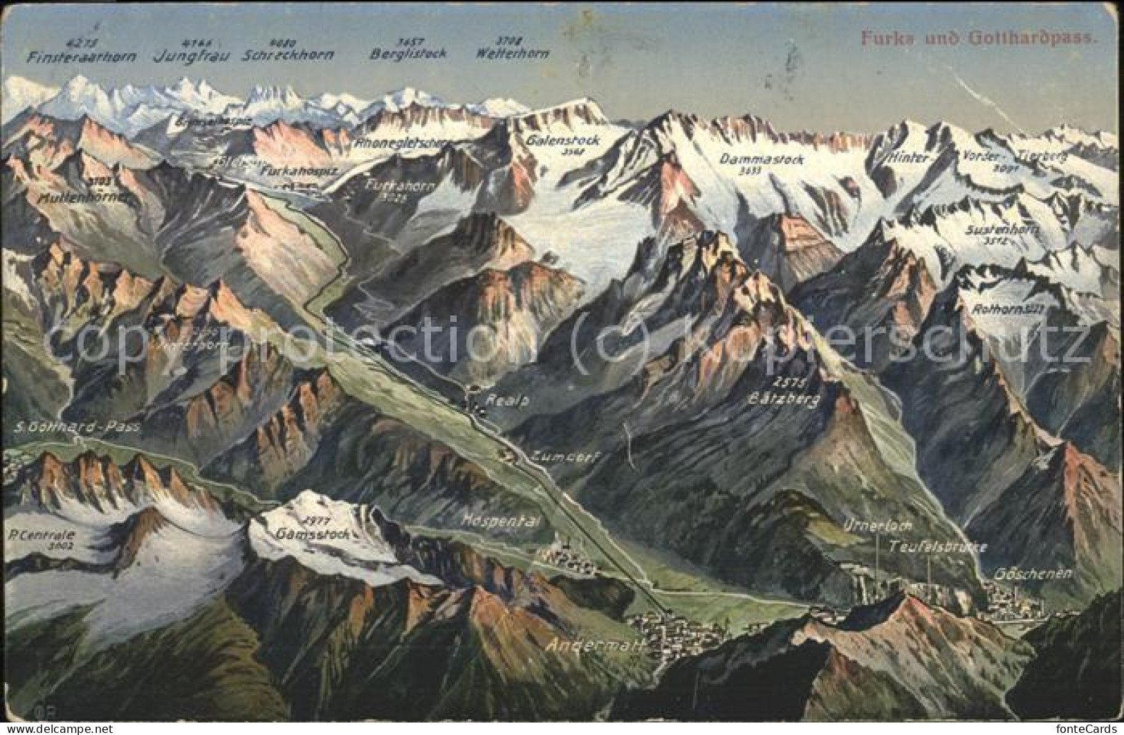 11496931 Andermatt Gebietskarte Furka Und Gotthardpass Alpenpanorama Vogelperspe - Autres & Non Classés