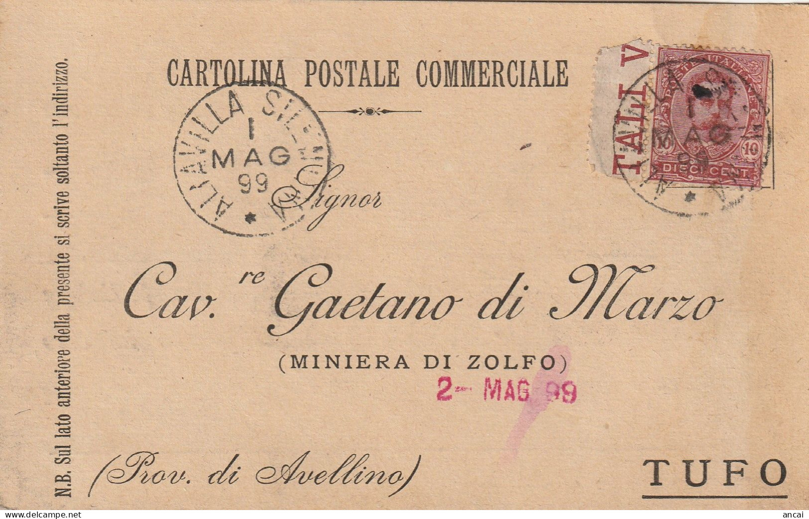 Italy. A213. Altavilla Silentina. 1899. Annullo Grande Cerchio ALTAVILLA SILENTINA,  Su Cartolina Postale Commerciale - Poststempel