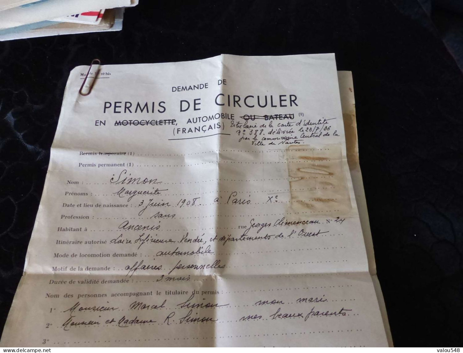 VP-69 , Demande De Permis De Circuler En Automobile, Ancenis, 10 Septembre 1939 - Documentos Históricos