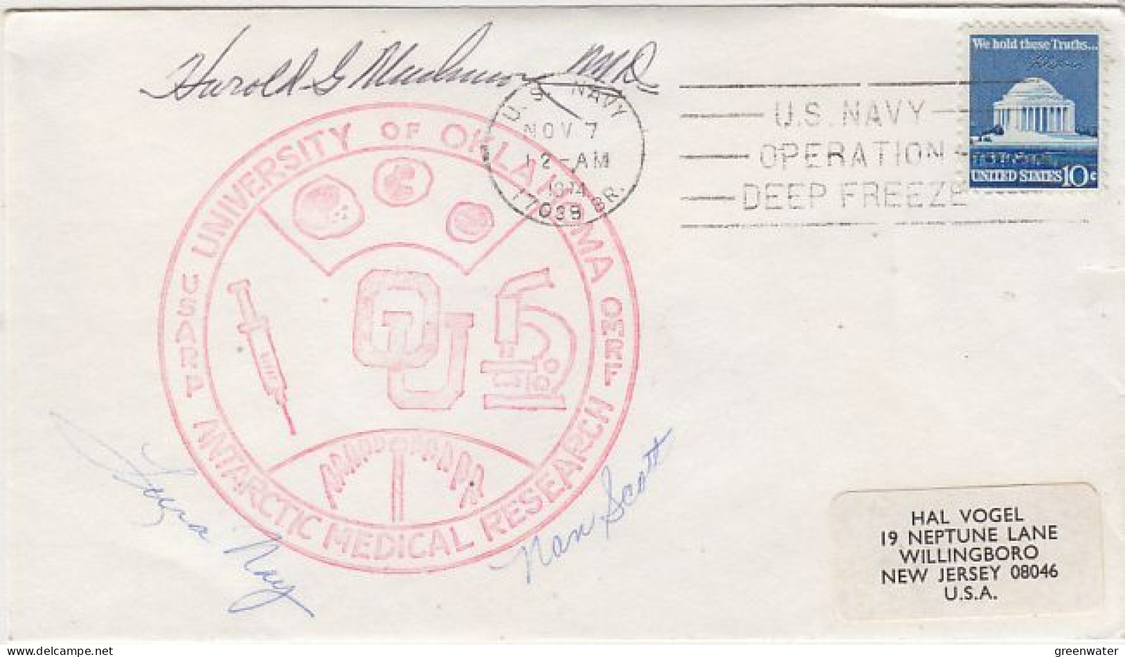 USA University Of Oklahoma Antarctic Medical Research 3 Signatures  Ca US Navy NOV 7 1974 (RT200) - Bases Antarctiques