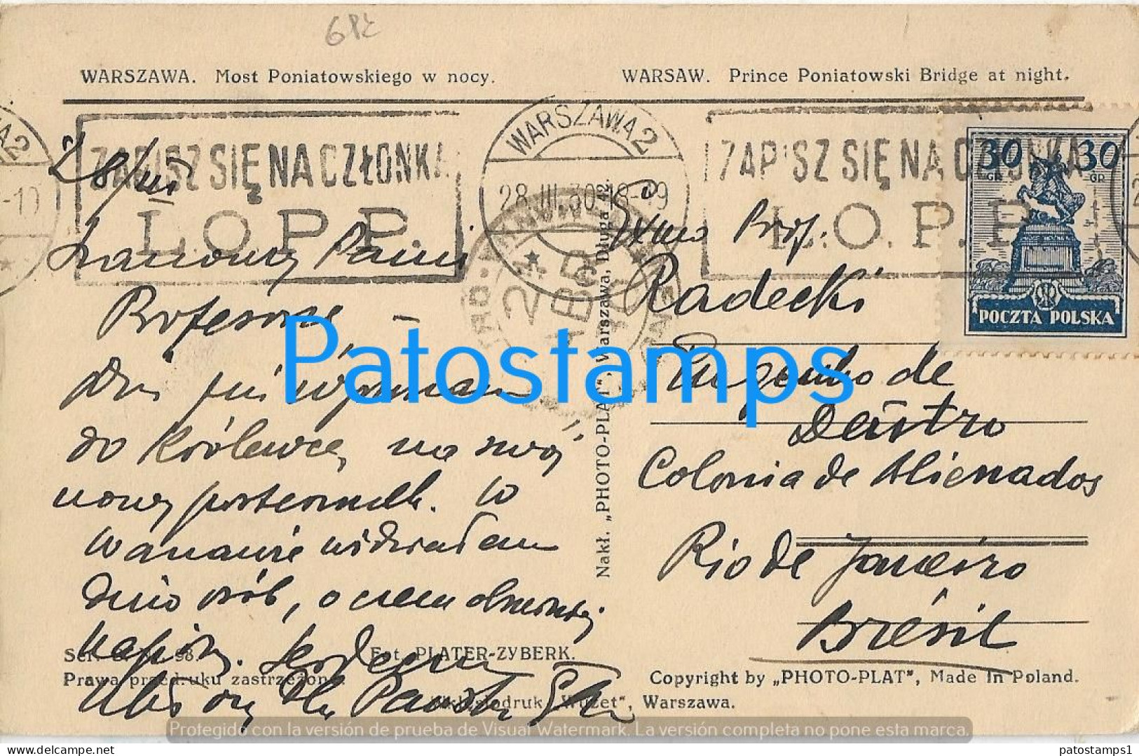 228679 POLAND WARSZAWA VIEW PARTIAL BRIDGE CIRCULATED TO BRAZIL POSTAL POSTCARD - Pologne