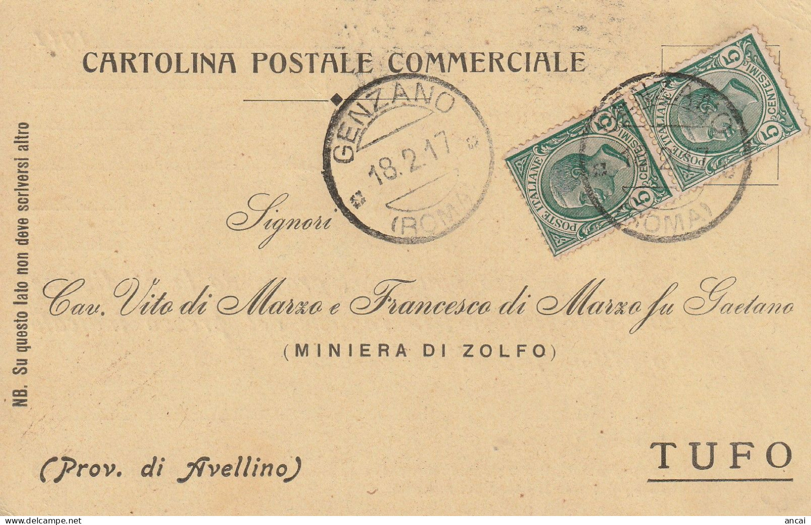 Italy. A213. Genzano. 1917. Annullo Guller GENZANO (ROMA), Su Cartolina Postale Commerciale - Marcofilie