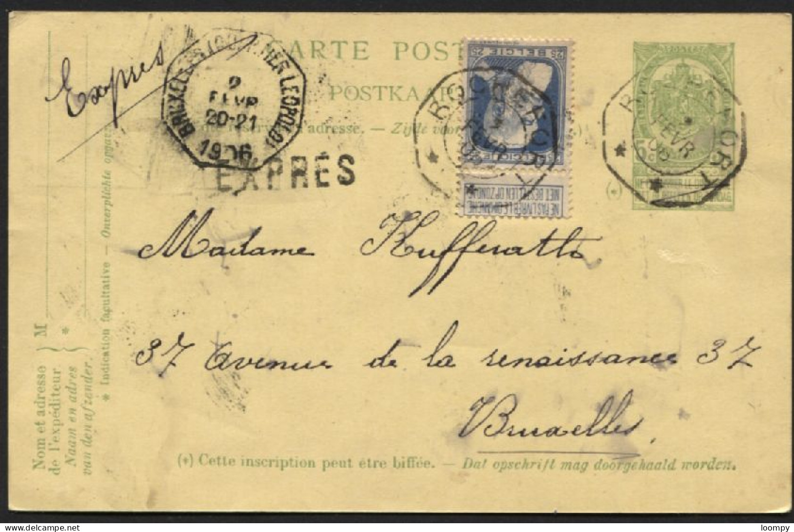 76 Obl. Télégraphique ROCHEFORT S/entier CP Par Exprès Spoedbestelling Vers Bruxelles 1906 - Briefkaarten 1909-1934
