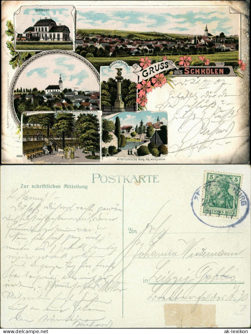 Ansichtskarte Litho AK Schkölen Bahnhof, Kriegerdenkmal, Burg 1907 - Schkoelen