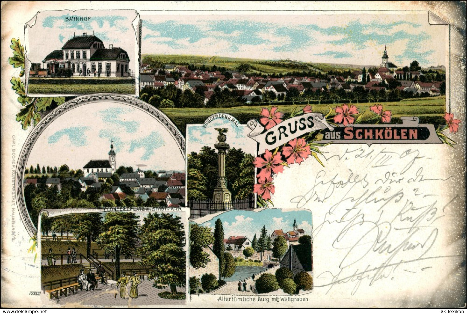 Ansichtskarte Litho AK Schkölen Bahnhof, Kriegerdenkmal, Burg 1907 - Schkoelen