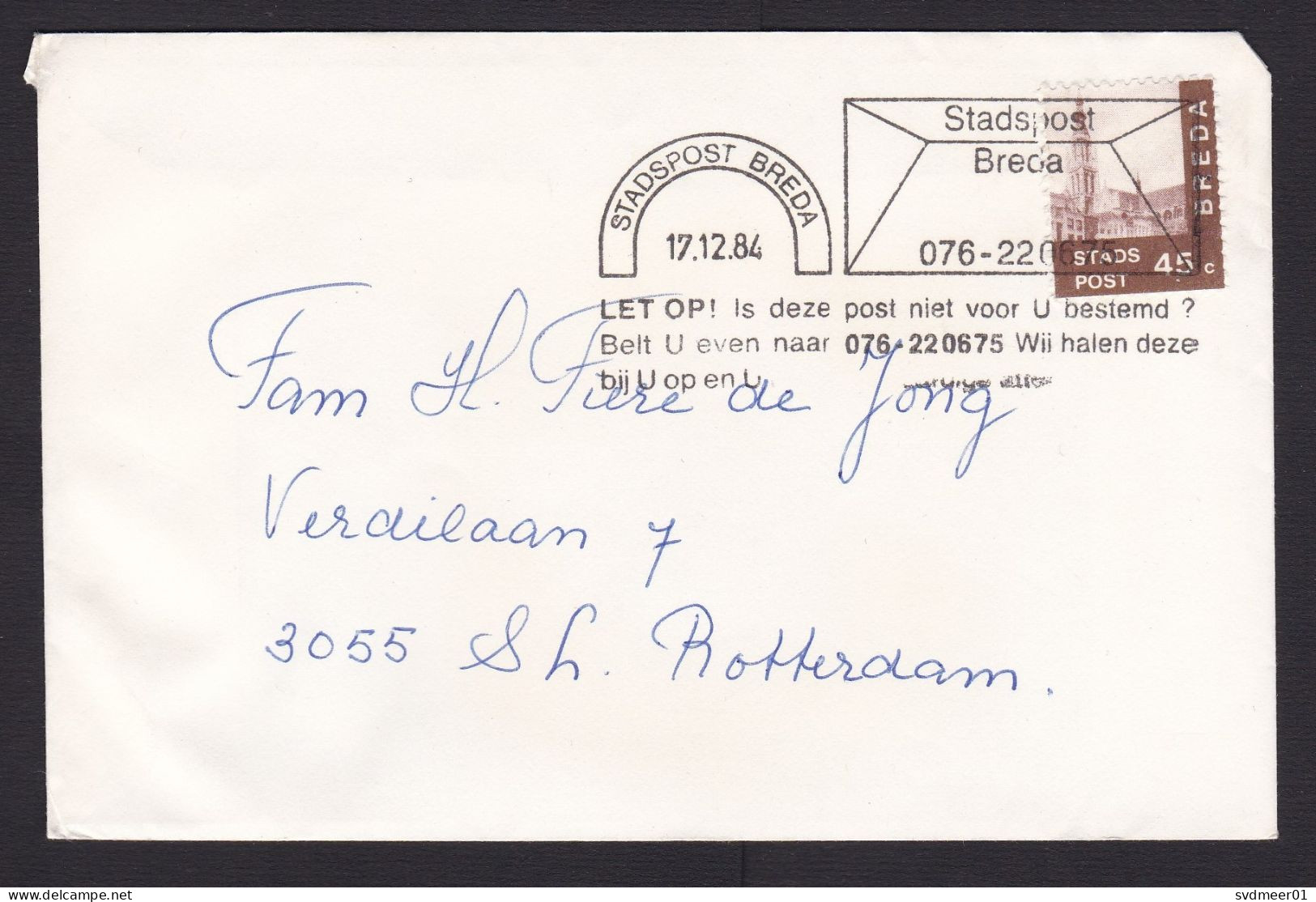 Netherlands: Cover, 1984, 1 Cinderella Stamp, Local Private Postal Service Stadpost Breda, Church (traces Of Use) - Lettres & Documents