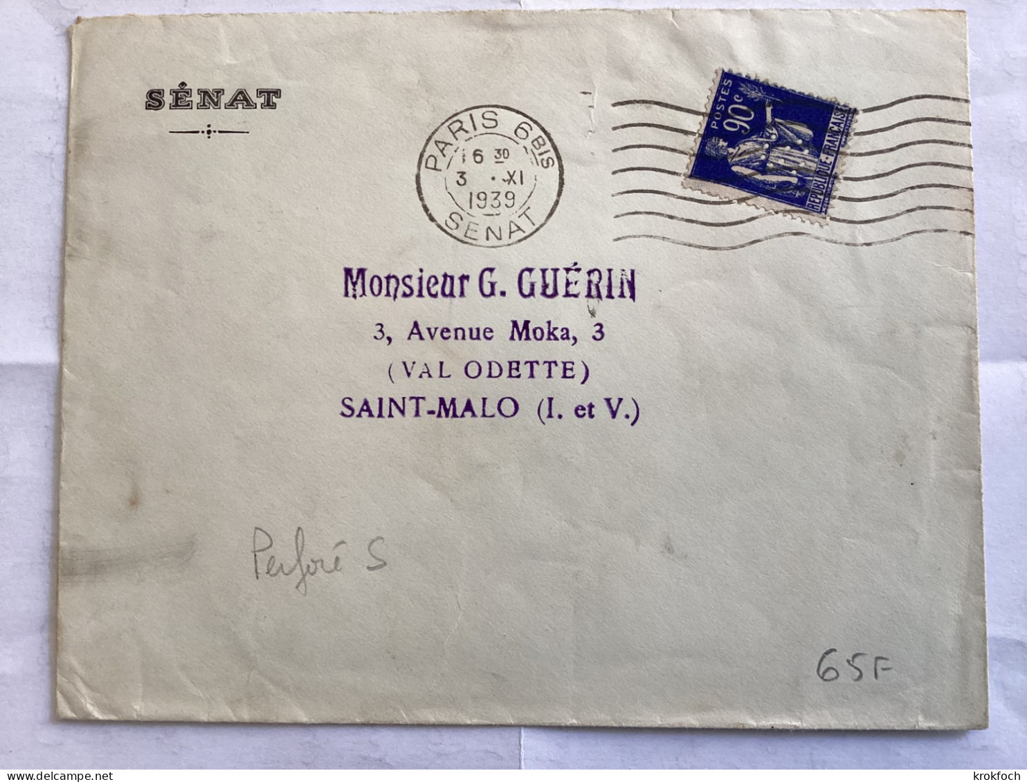 Paix Perforé S Sur Lettre Sénat - Paris 6 Bis 1939 Sénat - Briefe U. Dokumente