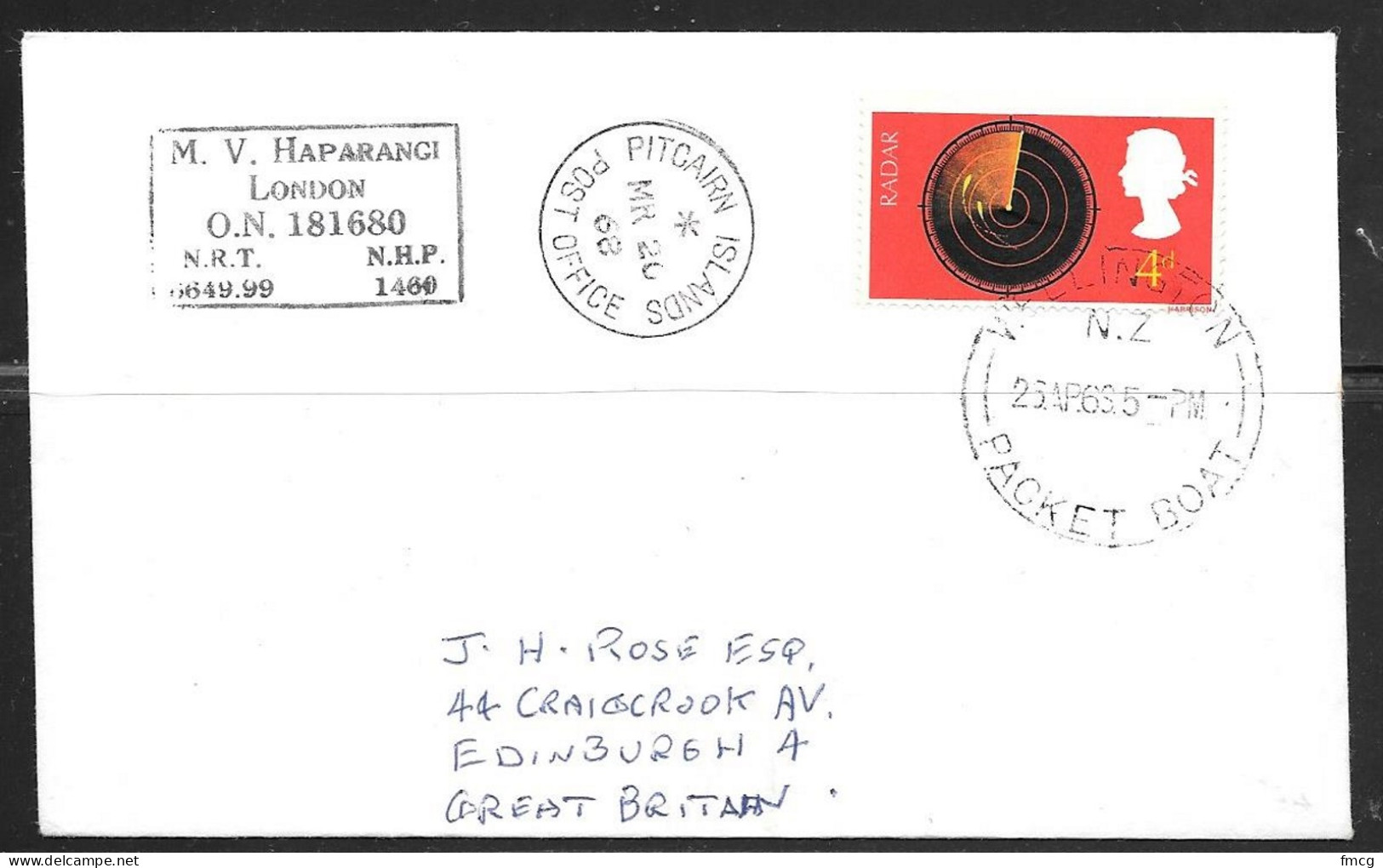 1968 Pitcairn Islands Cancel With Wellington New Zealand Packet Boat Marking - Pitcairn