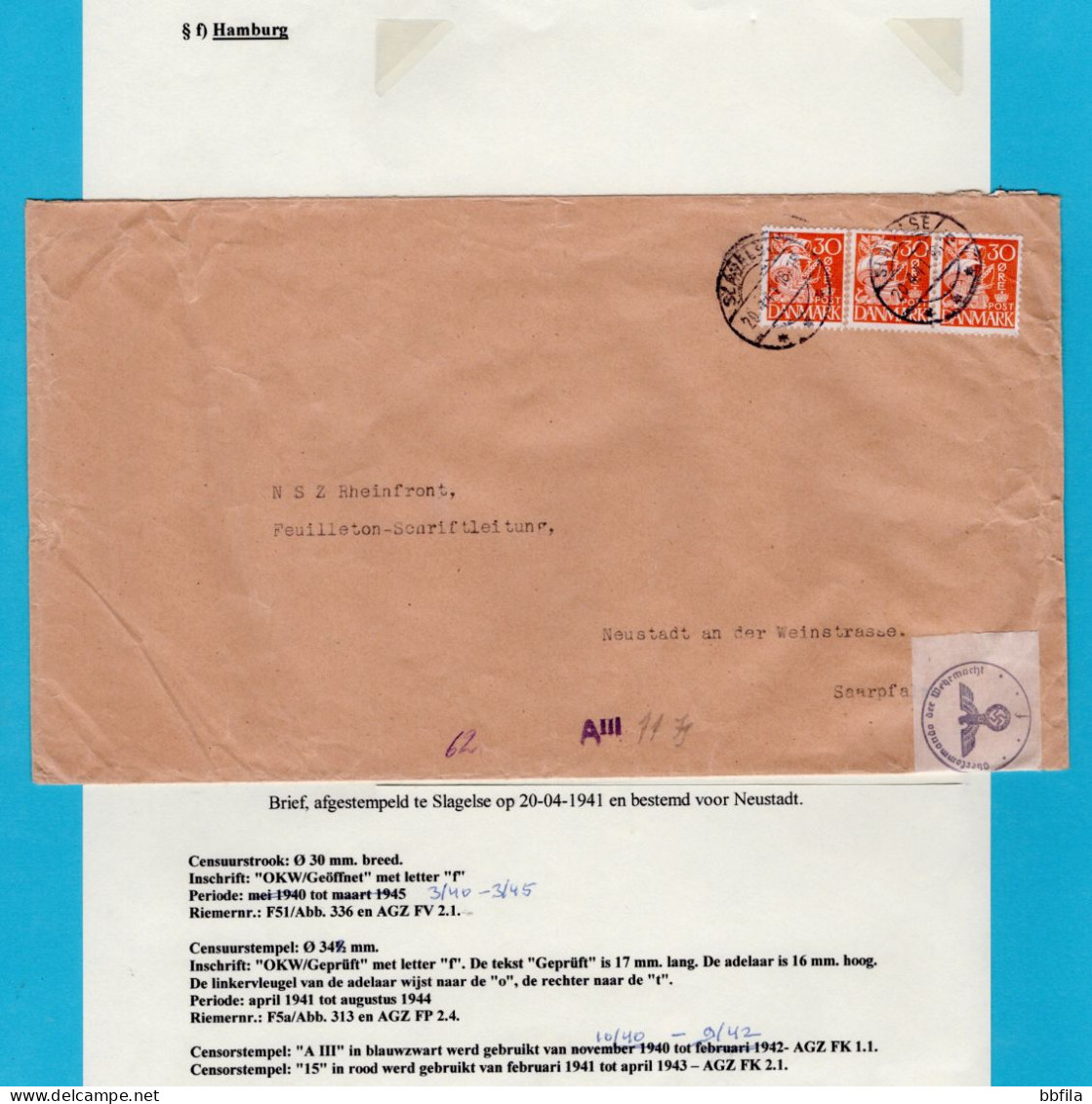 DENMARK Cover 1941 Slagelse To Neustadt, Germany With Hamburg Censor And Full Description - Cartas & Documentos