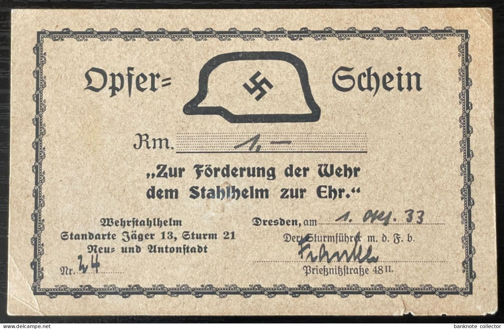 Deutschland, Germany - 1 RM. - Opfer = Schein - Nummer 24 - Dresden 1. Okt. 1933 ! - 1939-45