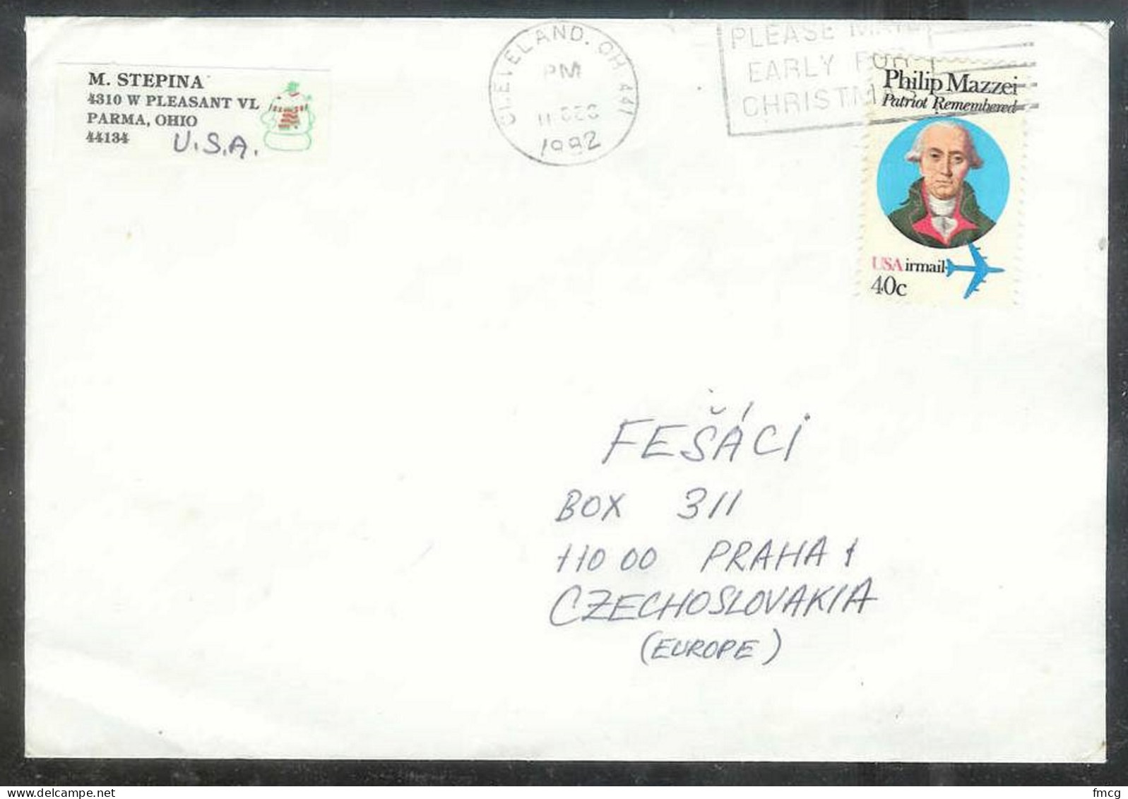 1982 (11 Dec) 40 Cents Mazzei, Cleveland OH To Czechoslovakia - Storia Postale