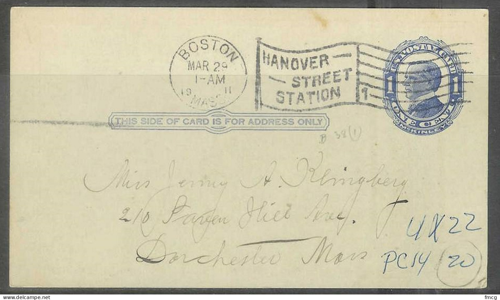 1911 March 29 Boston Mass Hanover Street "1" Flag Cancel - Covers & Documents