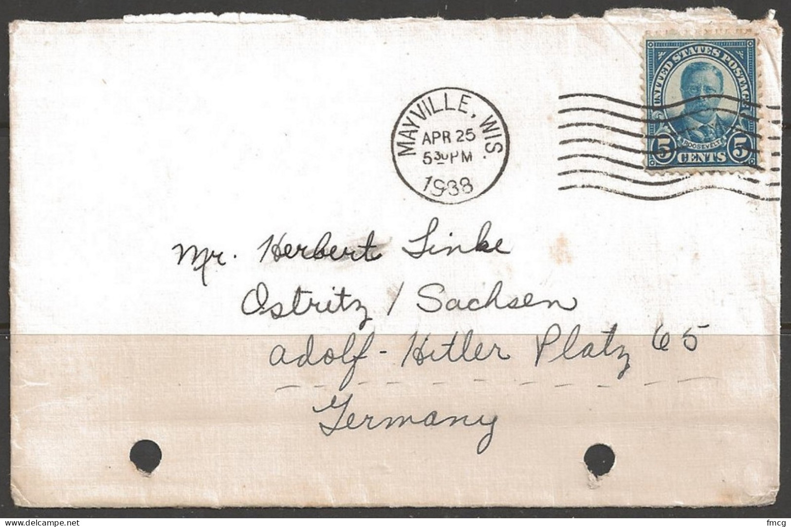 1938 5 Cents Roosevelt, Mayville (Apr 25) Wis To Germany - Brieven En Documenten