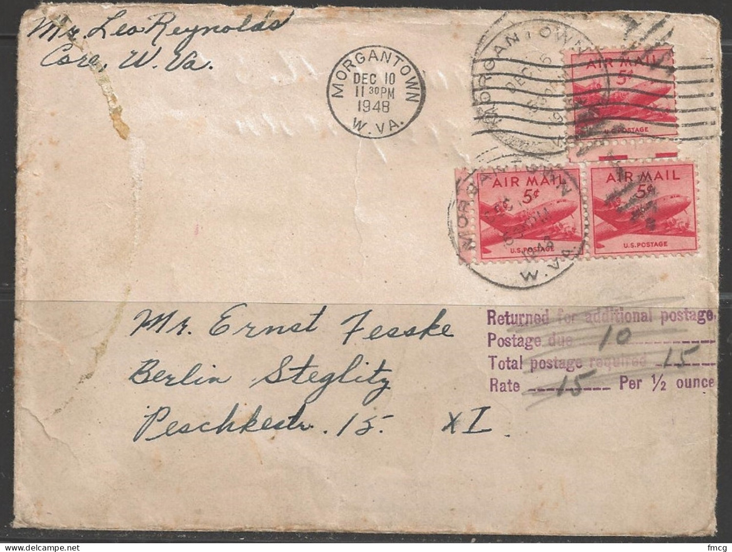 1949 5 Cents Airmail, Additional Postage, Morgantown WVA To Berlin Germany - Lettres & Documents