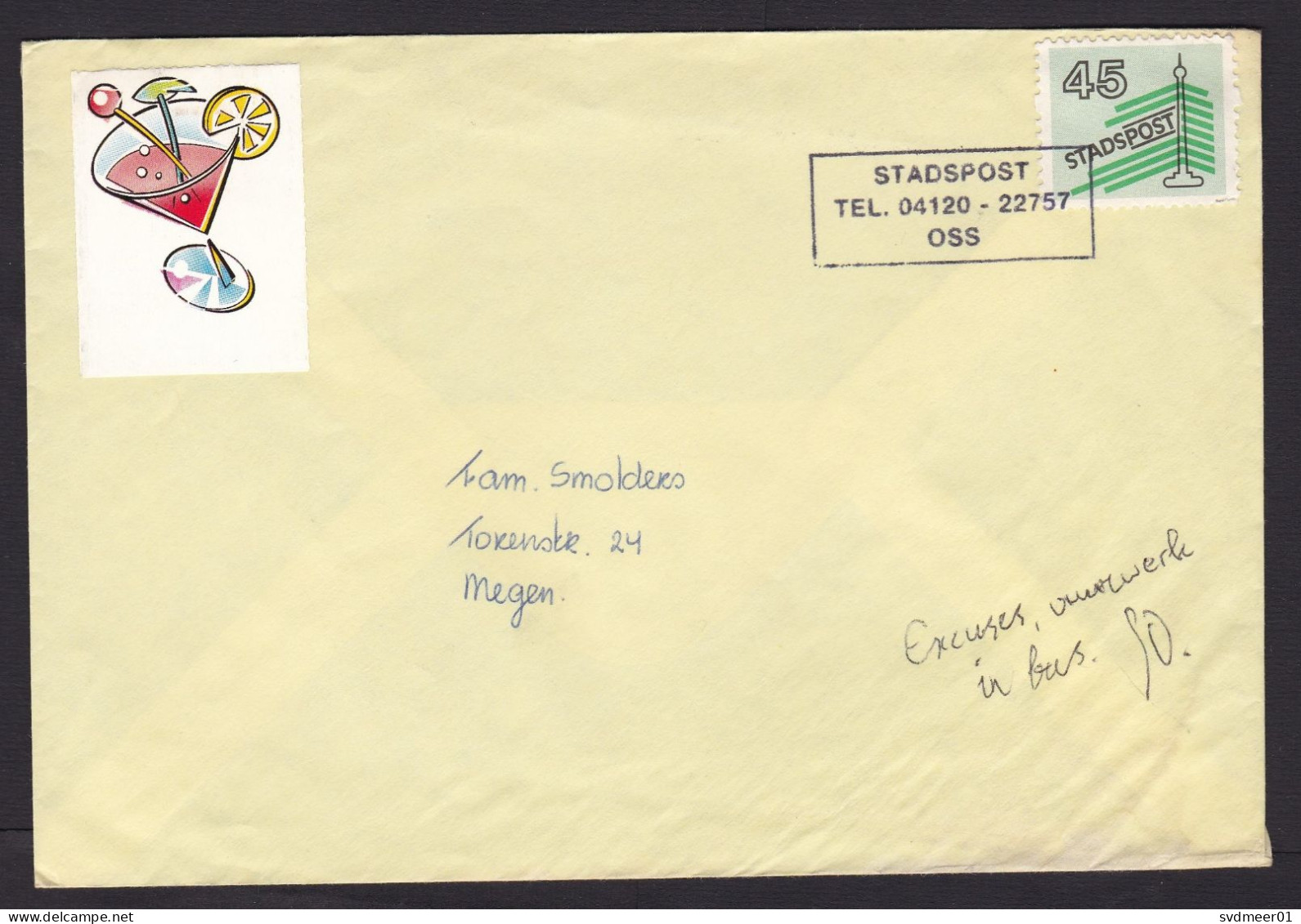 Netherlands: Cover, 1 Cinderella Stamp, Local Private Service Stadspost, Oss, Written Damaged By Fireworks In Letterbox - Covers & Documents