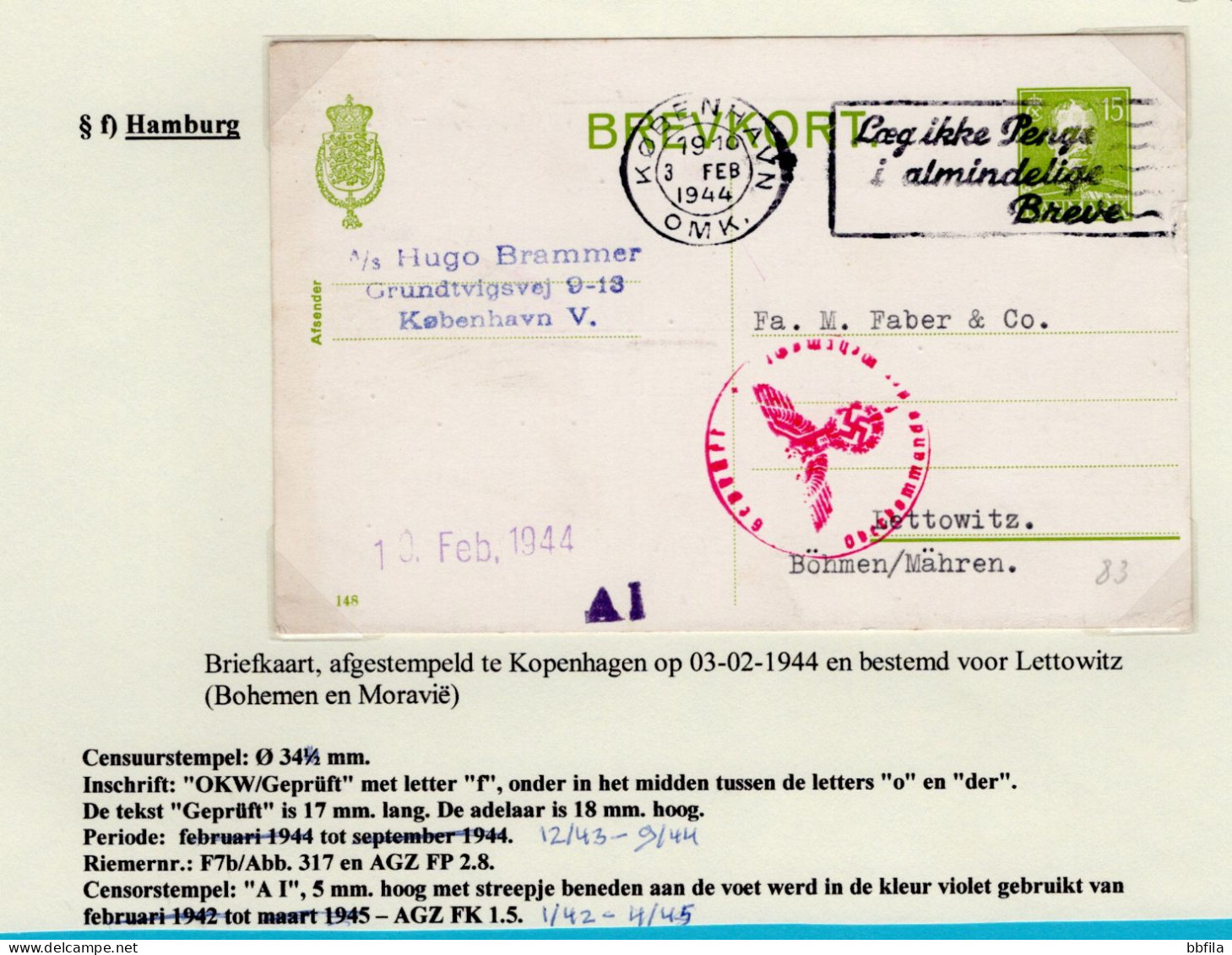 DENMARK Postal Stationery Card 1944 Kobenhavn To Lettowitz, Bohmen Und Mähren With Hamburg Censor And Full Description - Entiers Postaux