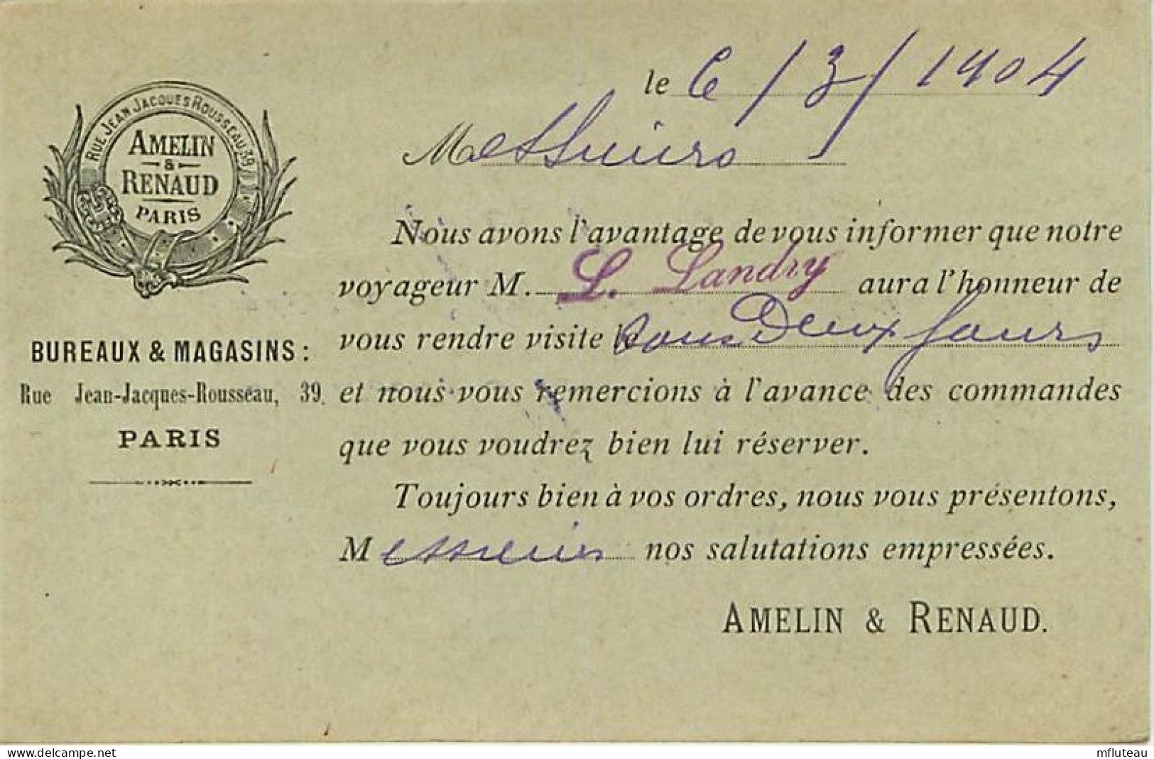 75* PARIS 1er  Correspondance Magasins AMELIN Et RENAUD    RL04 .0201 - District 01