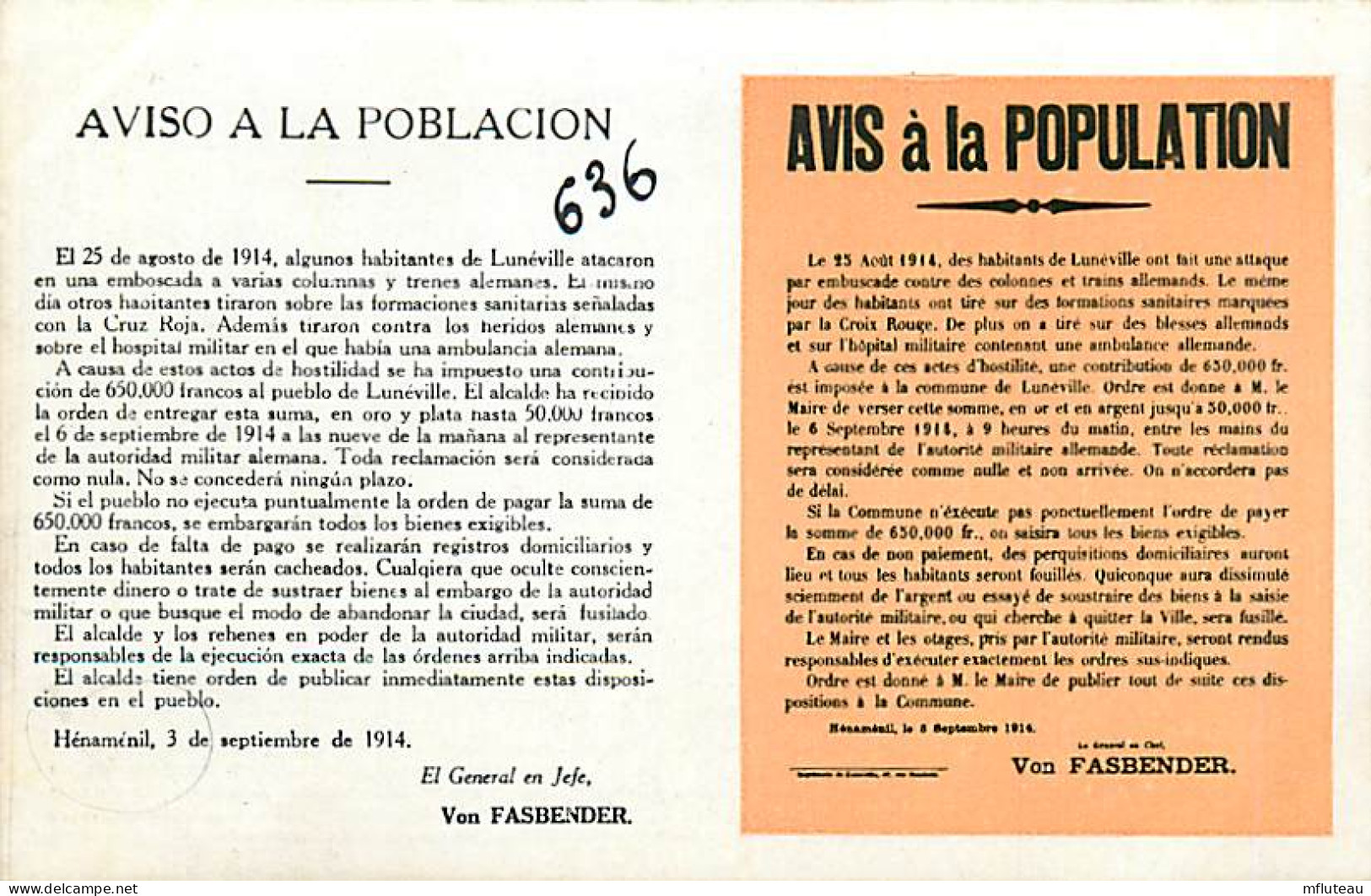 54* LUNEVILLE « avis A La Population «  1914  WW1         RL05.0131 - Guerre 1914-18