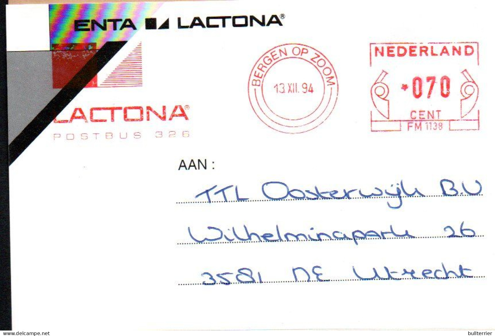 DENISTRY -  NETHERLANDS - 1994- LACTONA ADVERTISEMENT CARD TO UTRECHT SPECIALSLOGAN CANCELLATION IN RED - Medicine