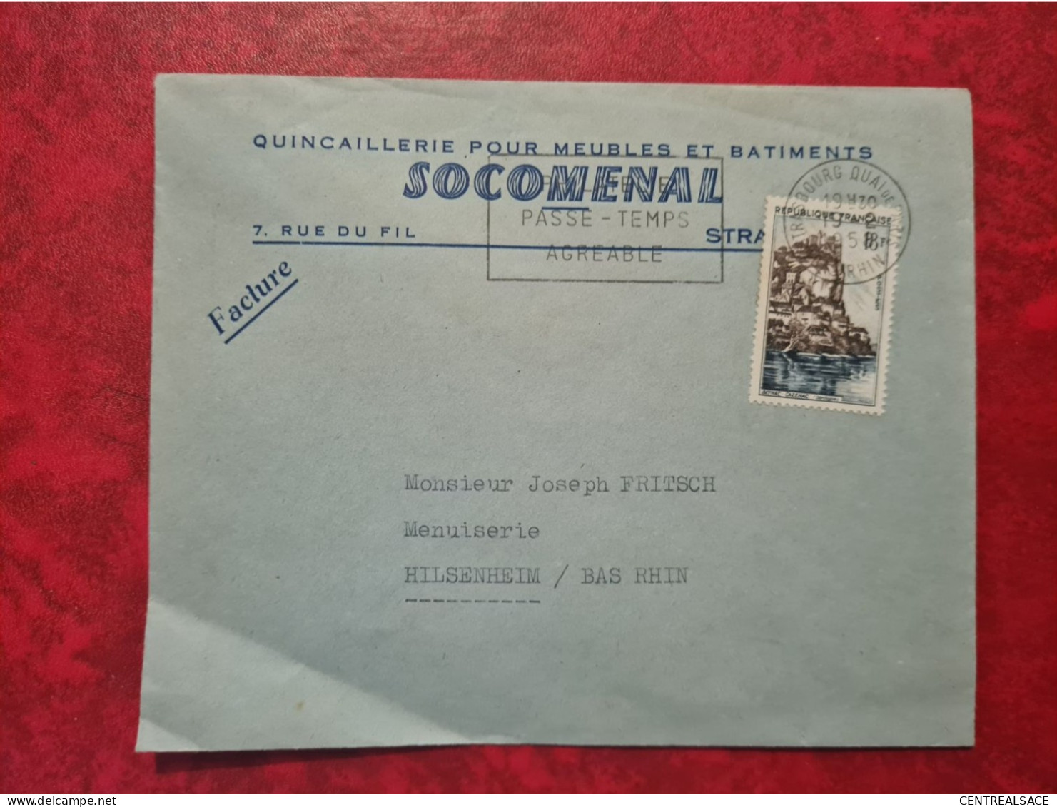 LETTRE FLAMME STRASBOURG QUAIE DE PARIS ENTETE QUINCAILLERIE POUR MEUBLES SOCOMENAL 1958 - Autres & Non Classés