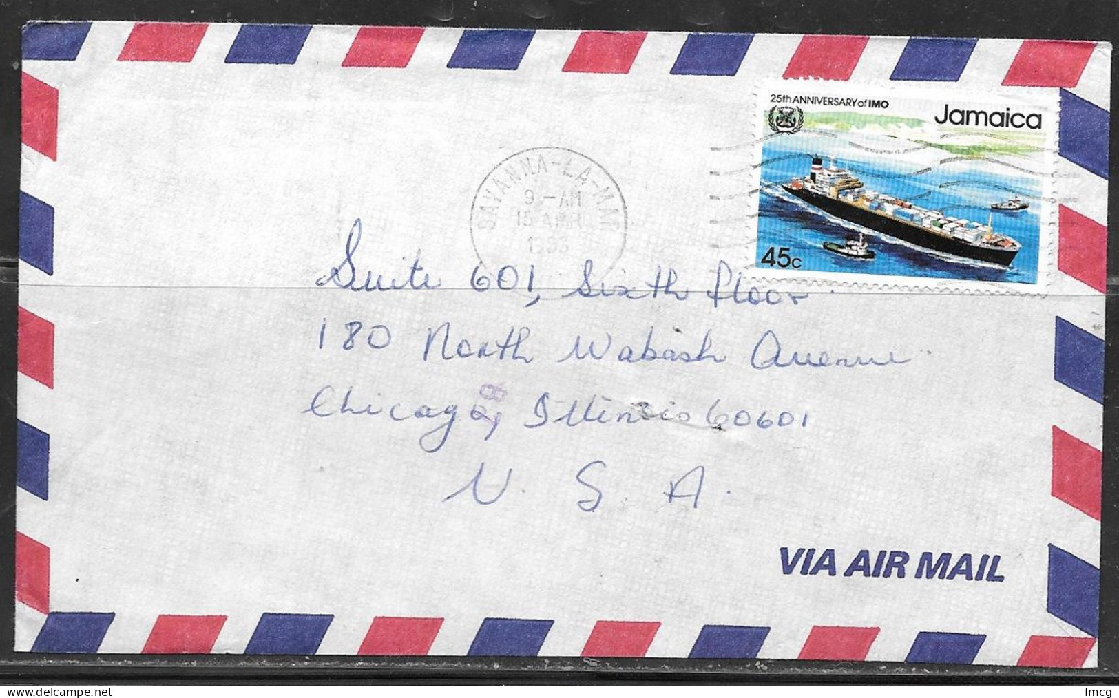 1993 Savanna-La-Mar (15 Apr) To USA, 45c IMO (container Ship) Stamp - Jamaica (1962-...)