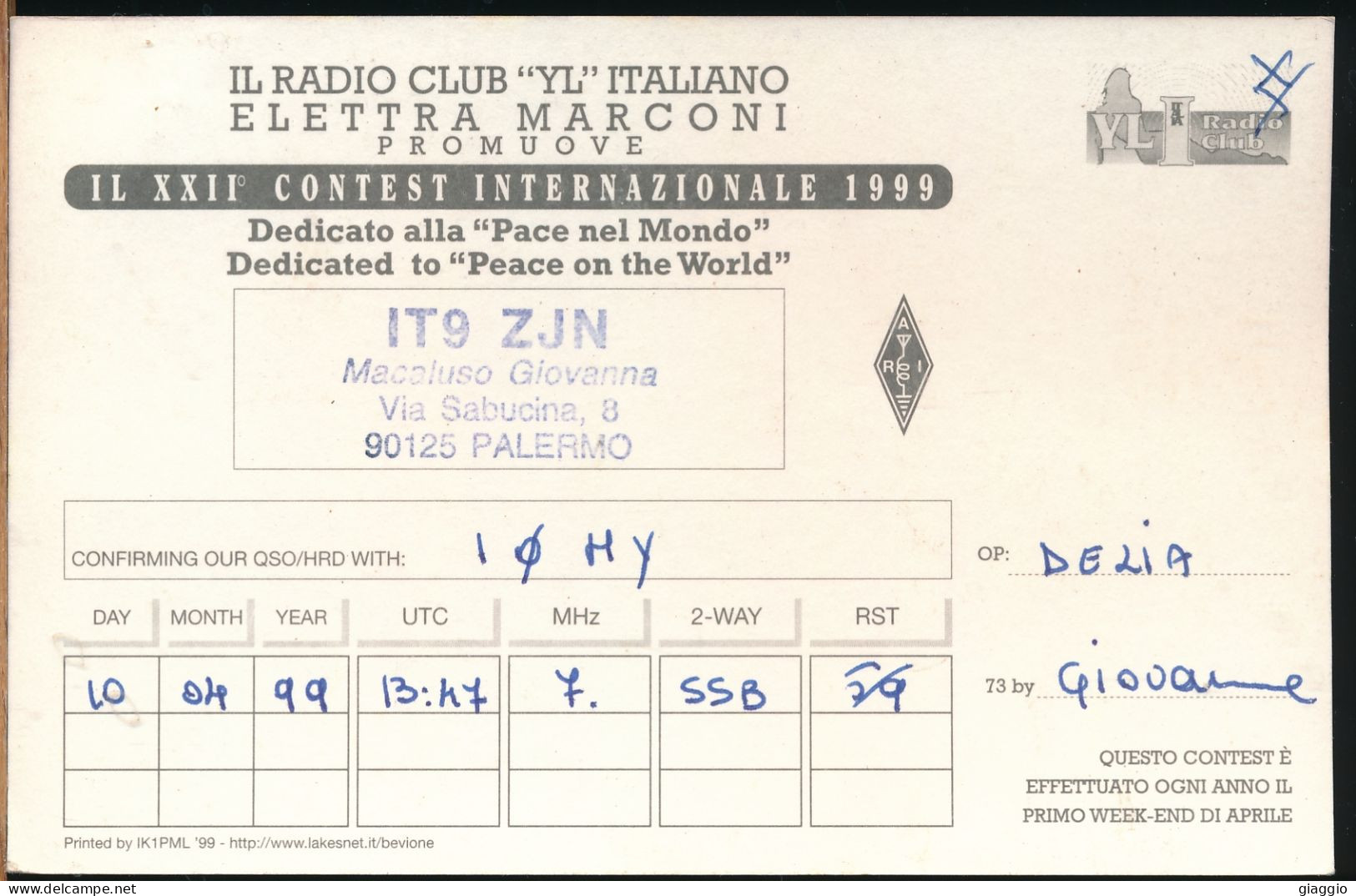 °°° 30892 - CARTA QSL - ITALIAN AMATEUR RADIO CLUB ELETTRA MARCONI - 1999 °°° - Amateurfunk